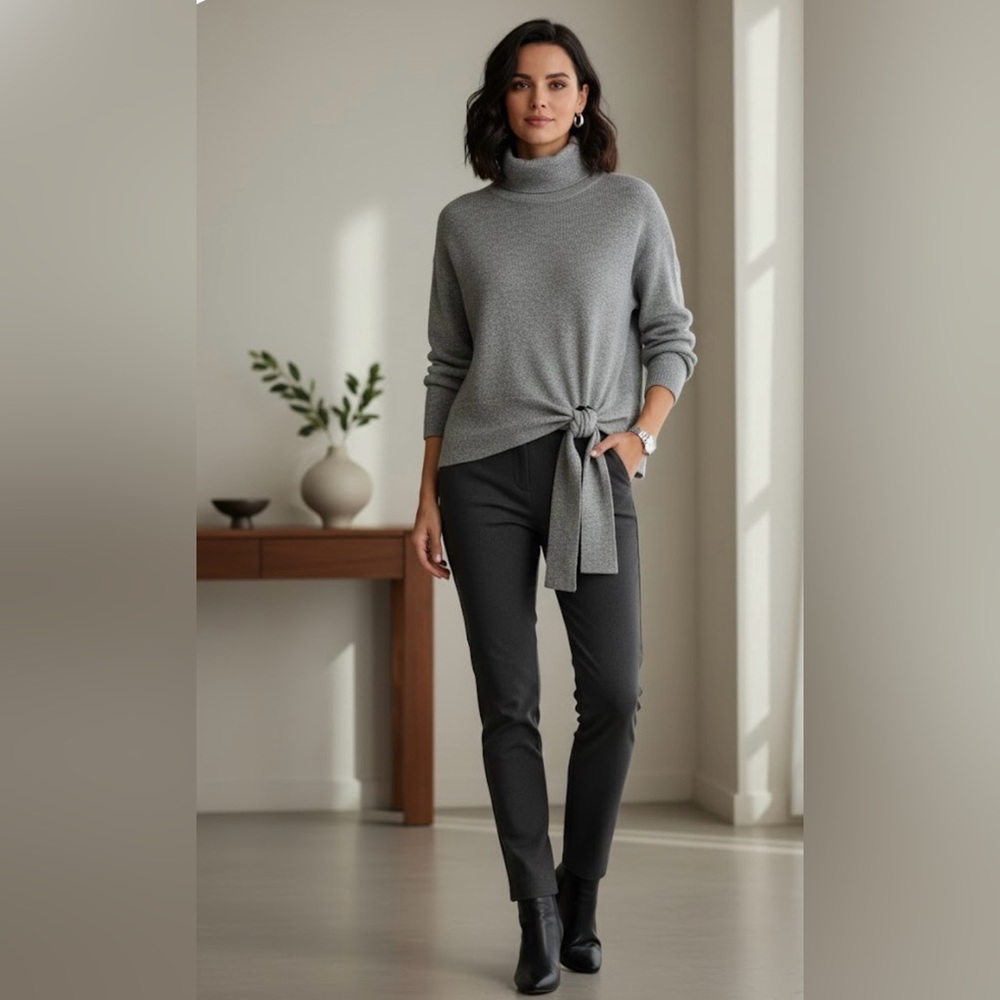 Gray Tie-Front Sweater and Black Pants Set